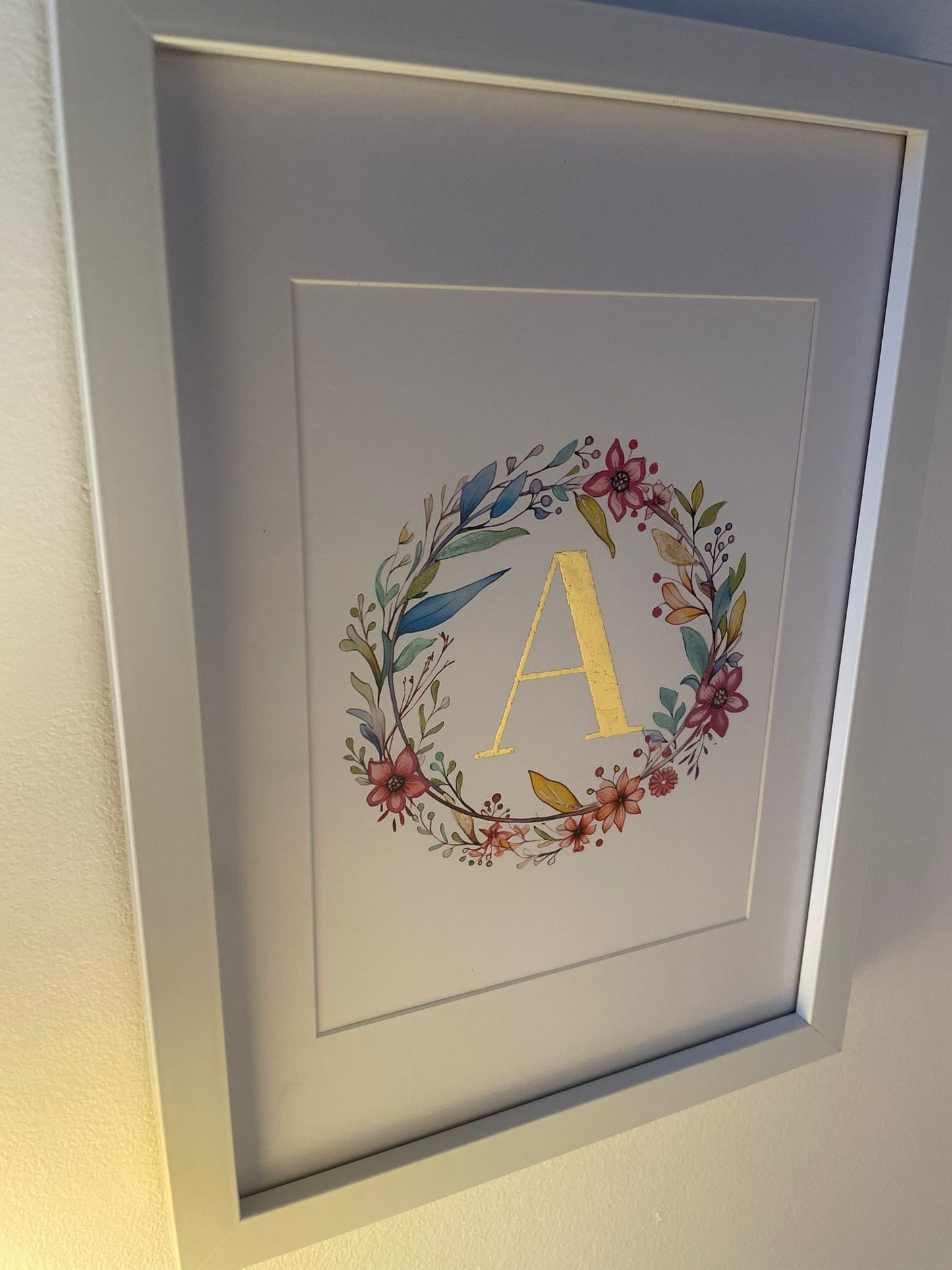 Personalized Initial Letter embellished with 23.5 karat gold leaf, Botanical gilded art