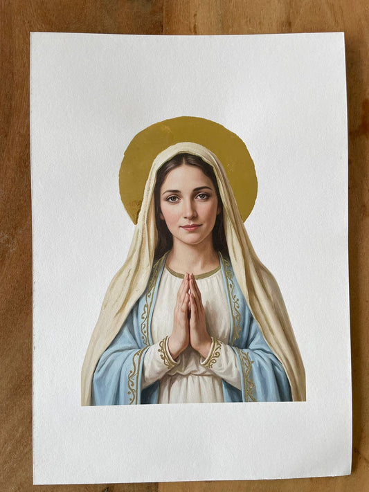 Hand Embellished Virgin Mary Fine Art Print 23.5k Gold Leaf & Glitter Watercolor Accents