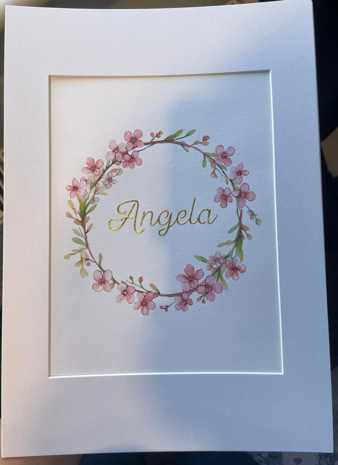 Hand Embellished 23.5k Gold Leaf Botanical Wreath – Personalized Watercolor Name Illustration