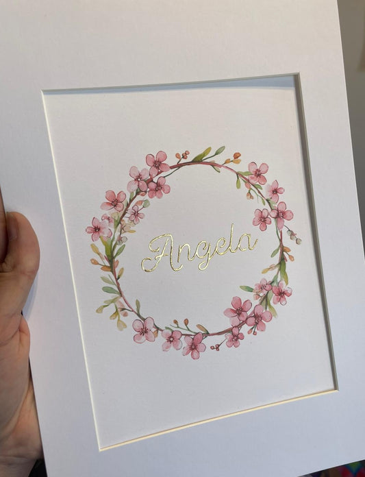 Hand Embellished 23.5k Gold Leaf Botanical Wreath – Personalized Watercolor Name Illustration