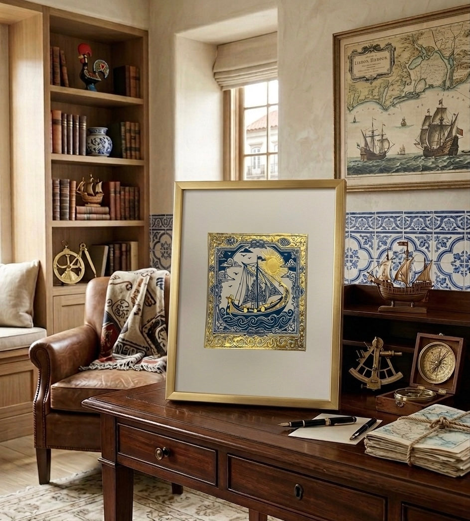 Delicately embellished with 23.5 karat gold leaf, Portuguese Ajulejo Navio Ship