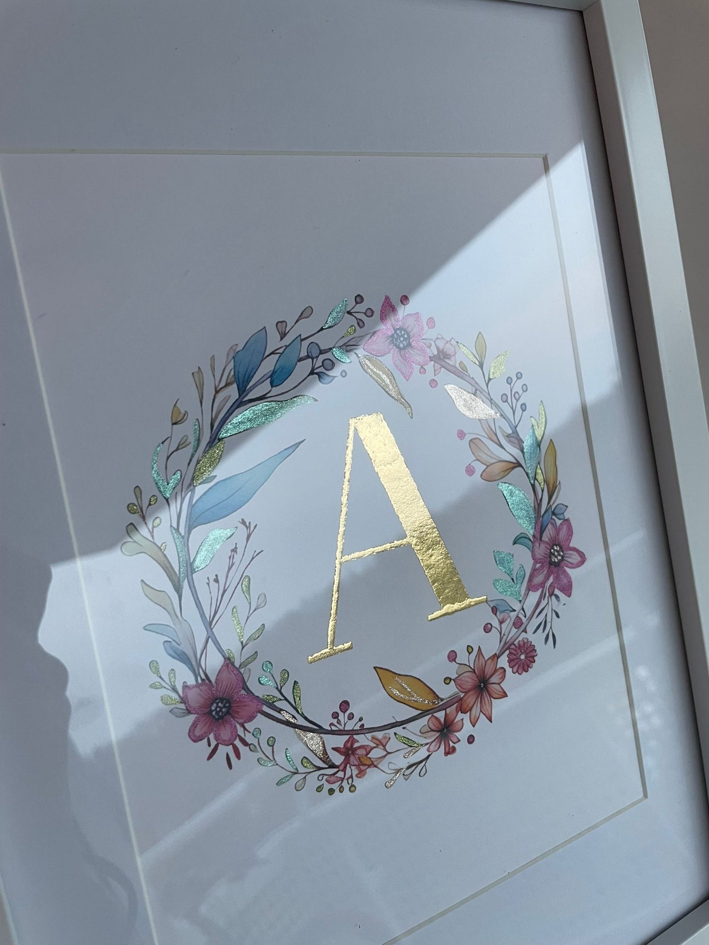 Personalized Initial Letter embellished with 23.5 karat gold leaf, Botanical gilded art