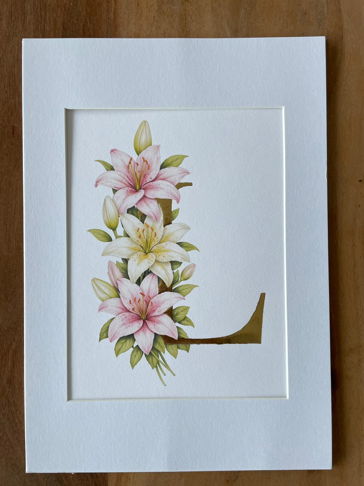 Gilded Letter With Lilies, Delicately embellished with 23.5 karat gold leaf, Botanical Gilded Print