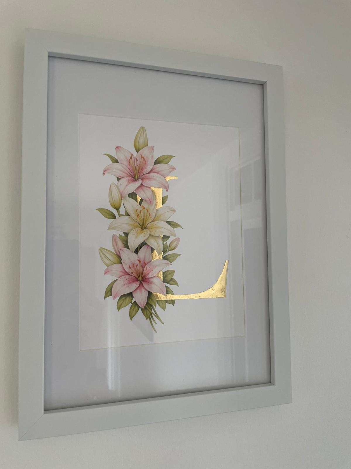 Gilded Letter With Lilies, Delicately embellished with 23.5 karat gold leaf, Botanical Gilded Print