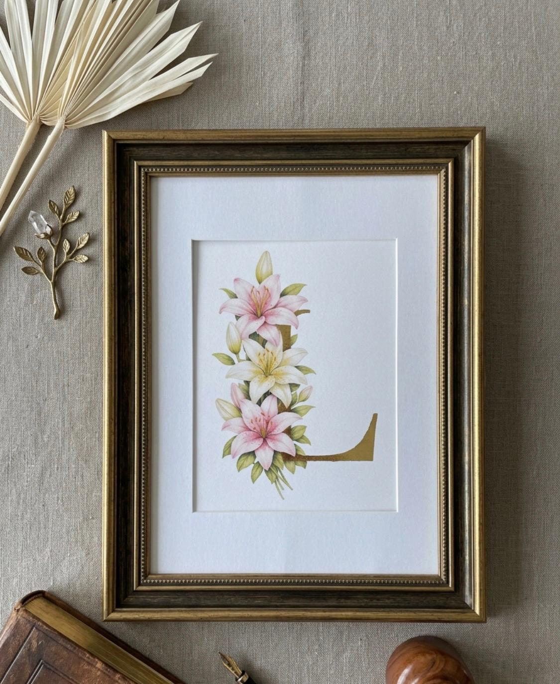 Gilded Letter With Lilies, Delicately embellished with 23.5 karat gold leaf, Botanical Gilded Print