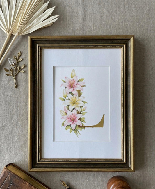 Gilded Letter With Lilies, Delicately embellished with 23.5 karat gold leaf, Botanical Gilded Print