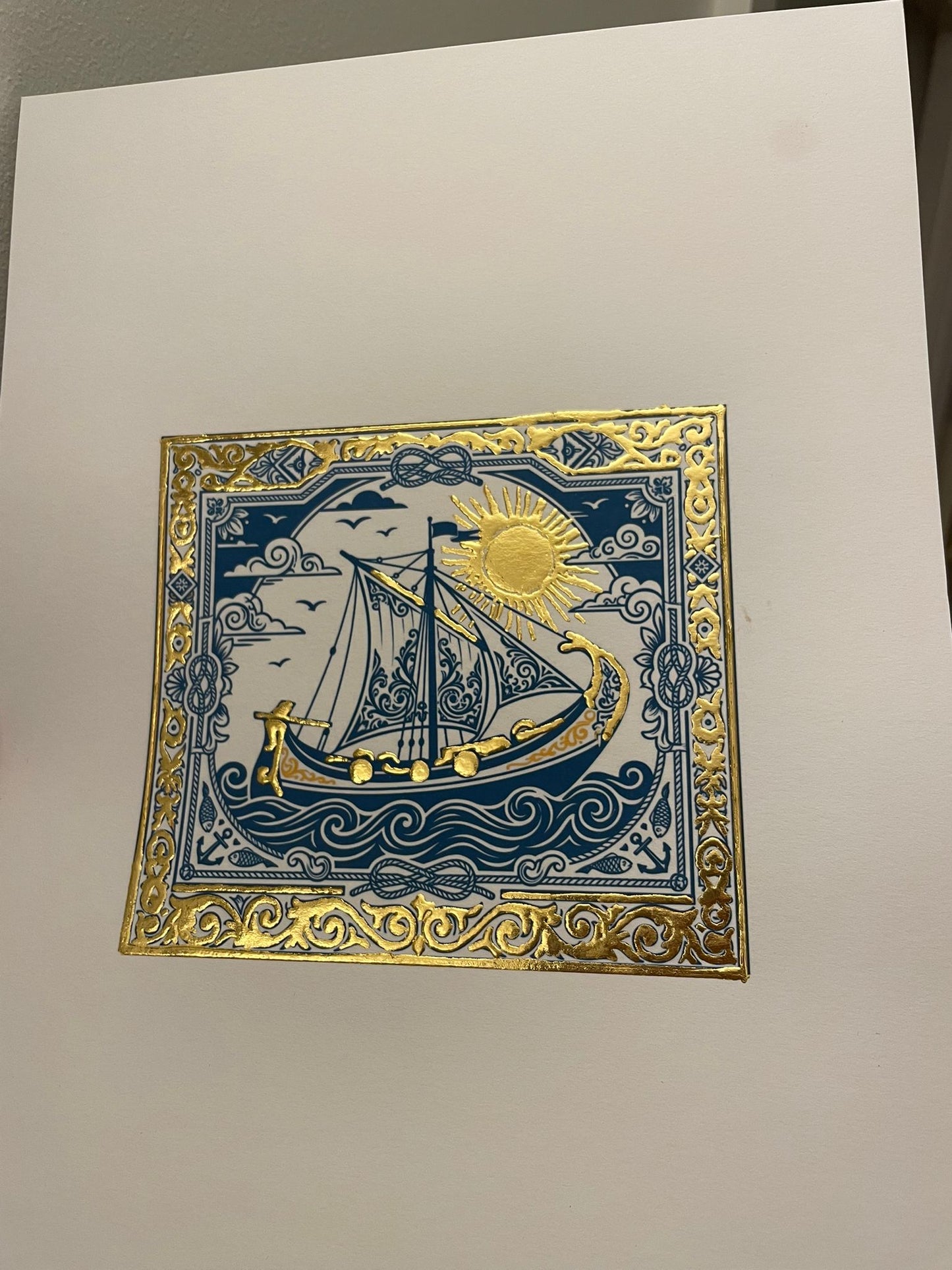 Delicately embellished with 23.5 karat gold leaf, Portuguese Ajulejo Navio Ship