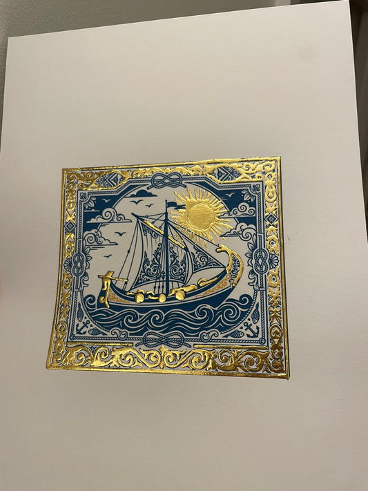 Delicately embellished with 23.5 karat gold leaf, Portuguese Ajulejo Navio Ship