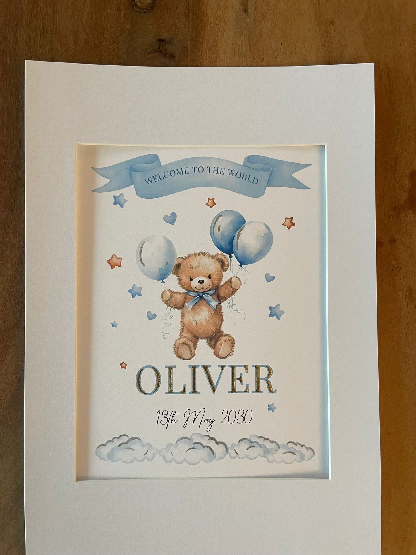 Hand-Embellished 23.5k Gold Leaf Nursery Print Personalized Baby Boy Wall Art