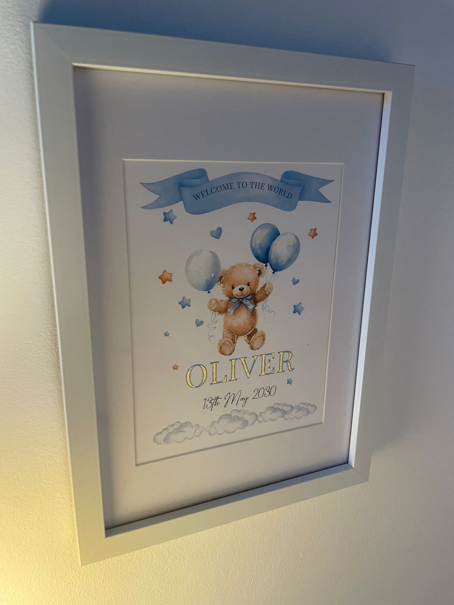 Hand-Embellished 23.5k Gold Leaf Nursery Print Personalized Baby Boy Wall Art