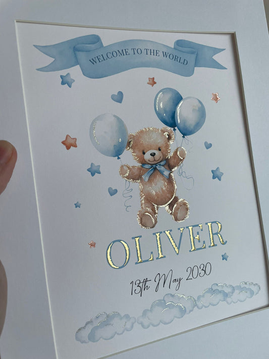 Hand-Embellished 23.5k Gold Leaf Nursery Print Personalized Baby Boy Wall Art