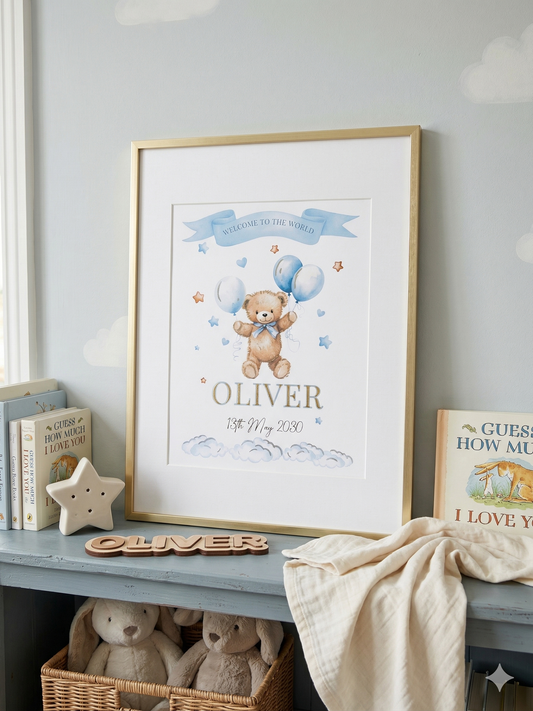 Hand-Embellished 23.5k Gold Leaf Nursery Print Personalized 'Welcome to the World' Teddy Bear Art