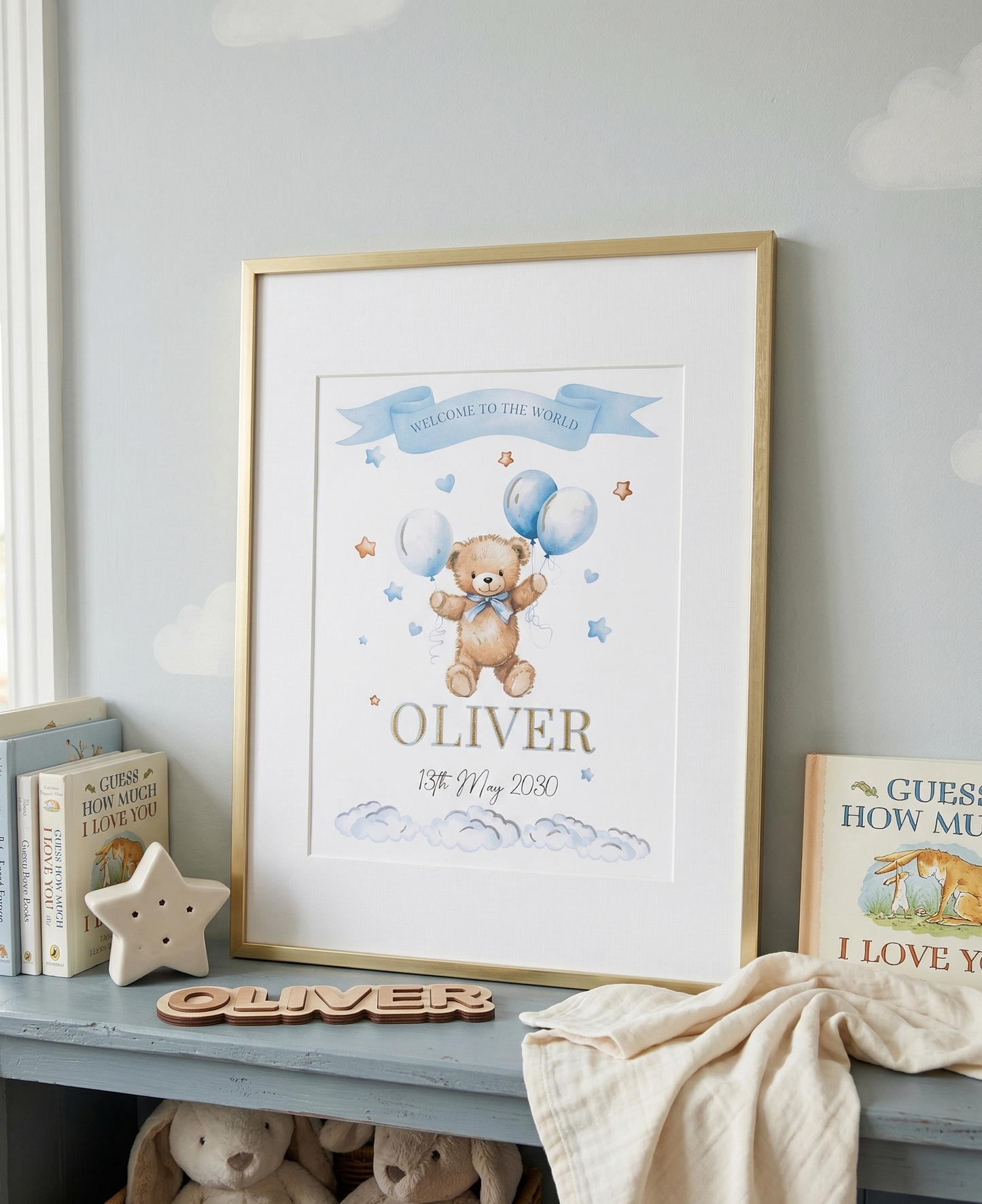 Hand-Embellished 23.5k Gold Leaf Nursery Print Personalized Baby Boy Wall Art