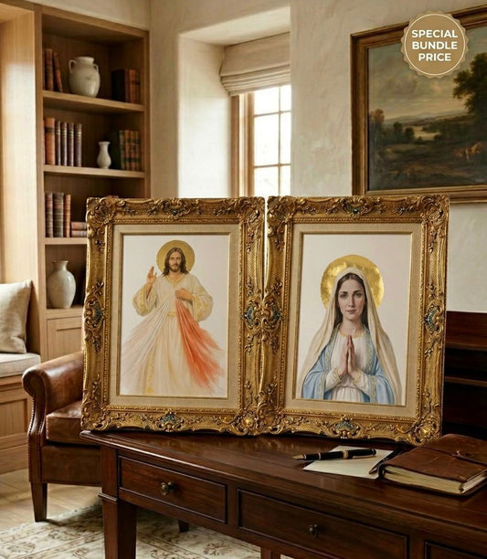 Bundle: Divine Mercy & Virgin Mary Gilded Prints 23.5k Gold Leaf & Glitter Accents