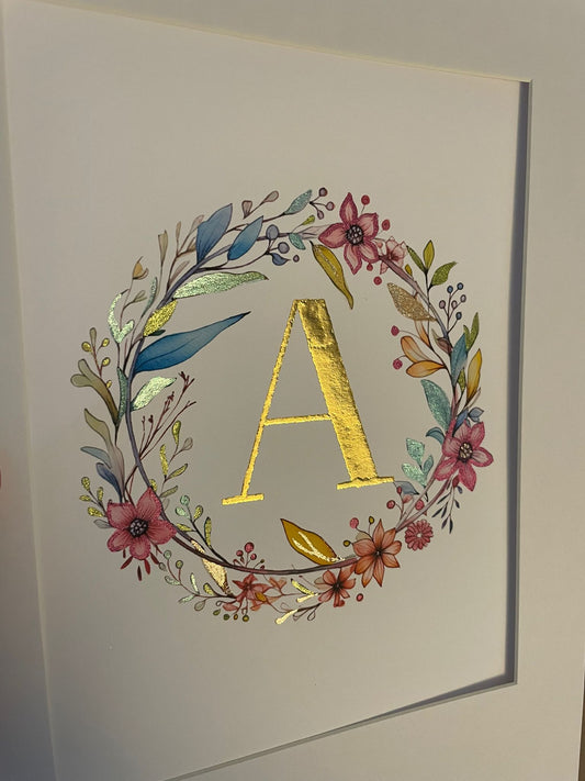 Personalized Initial Letter embellished with 23.5 karat gold leaf, Botanical gilded art