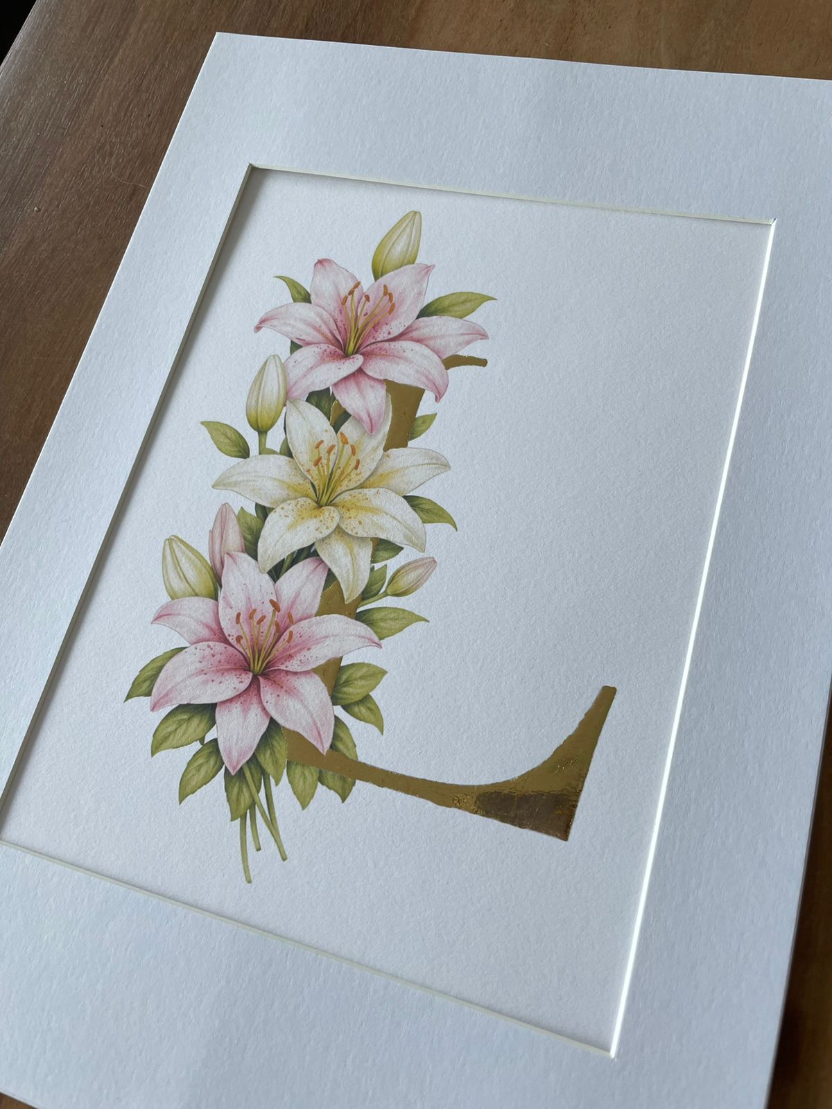 Gilded Letter With Lilies, Delicately embellished with 23.5 karat gold leaf, Botanical Gilded Print
