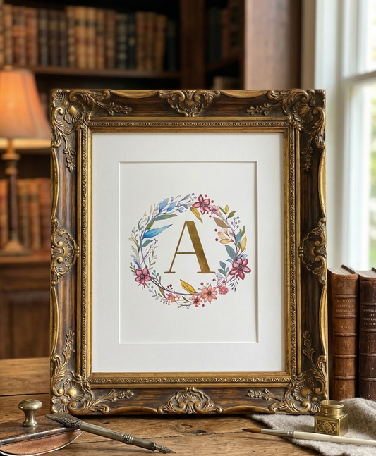 Personalized Initial Letter embellished with 23.5 karat gold leaf, Botanical gilded art