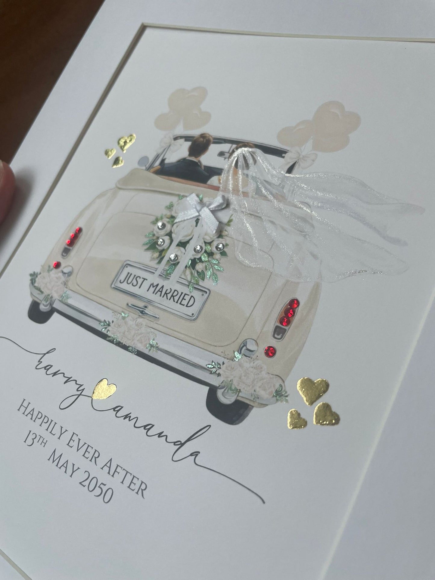Personalized wedding gift, delicately embellished names with 23.5 karat gold leaf and glitter paint, wedding gift art keepsake
