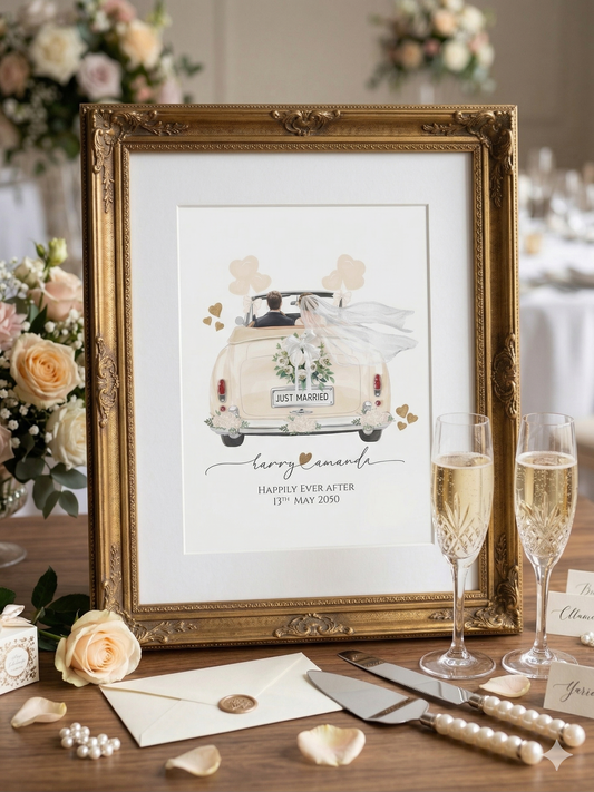 Personalized wedding gift, delicately embellished names with 23.5 karat gold leaf and glitter paint, wedding gift art keepsake