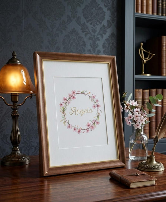 Hand Embellished 23.5k Gold Leaf Botanical Wreath – Personalized Watercolor Name Illustration